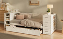 White Wooden Twin Size Daybed with Side Shelves & Drawers, Multi-Functional Desk & Charging Station