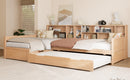 Twin Size Wooden L Shaped Daybed with Under-bed Trundle and Storage Drawer, Versatile Corner Bed Frame with Bookcases for 3, Natural