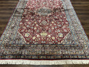 Indian Kashmiri Silk Rug 6x9, Red and Navy Blue, Floral Medallion, Fine 275 KPSI