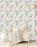 Contemporary White Wallpaper with Wildflowers Smart