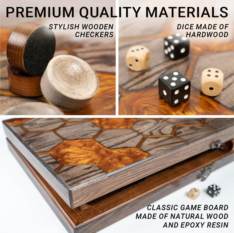 Handmade backgammon made of natural wood and epoxy resin