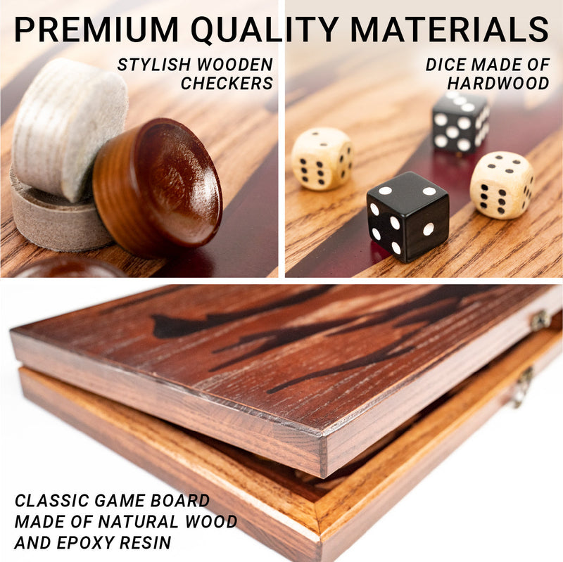 Handmade backgammon made of natural wood and epoxy resin