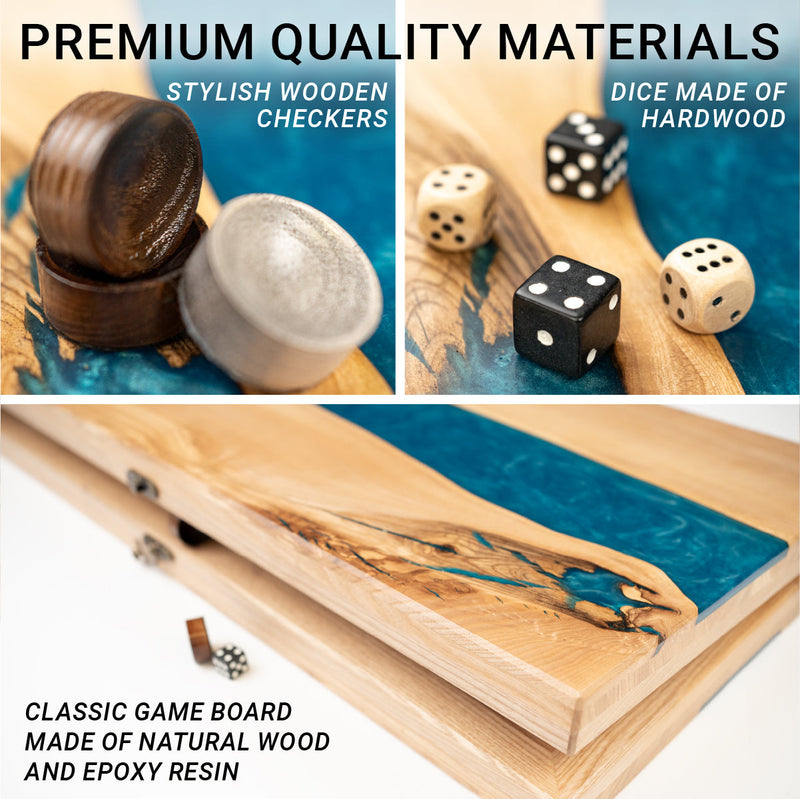 Handmade backgammon made of natural wood and epoxy resin