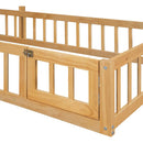 Wooden Floor Bed with Fence Railings and Detachable House Shape Headboard, Twin Size Bed with Kids Dress Up Rack, Kids Montessori Style Playhouse Frame for Girls Boys, Natural