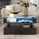 U-Can Lift-Top Coffee Table with 2 Drawers, Modern Square Coffee Table with Glass Top and High-Gloss Finish, Hidden Space and LED Lights for Living Room