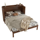 Queen Size Murphy Bed, Pine Wood Cabinet Bed with Power Station and Rattan Decoration Panel,Walnut
