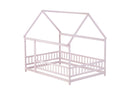 Full Size House Floor Wooden Bed with Roof Frame, Safety Guardrails,Pink