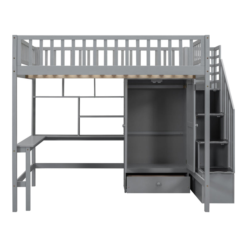 Full size Loft Bed with Bookshelf,Drawers,Desk,and Wardrobe-Gray