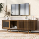Mid-Century Modern style 2 in 1 PET FRIENDLY Walnut TV STAND Cat house With Sliding glass door flip-down
