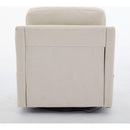 cream white fabric swivel rotating accent chair with USB and magazine book for living room and hotel bed room