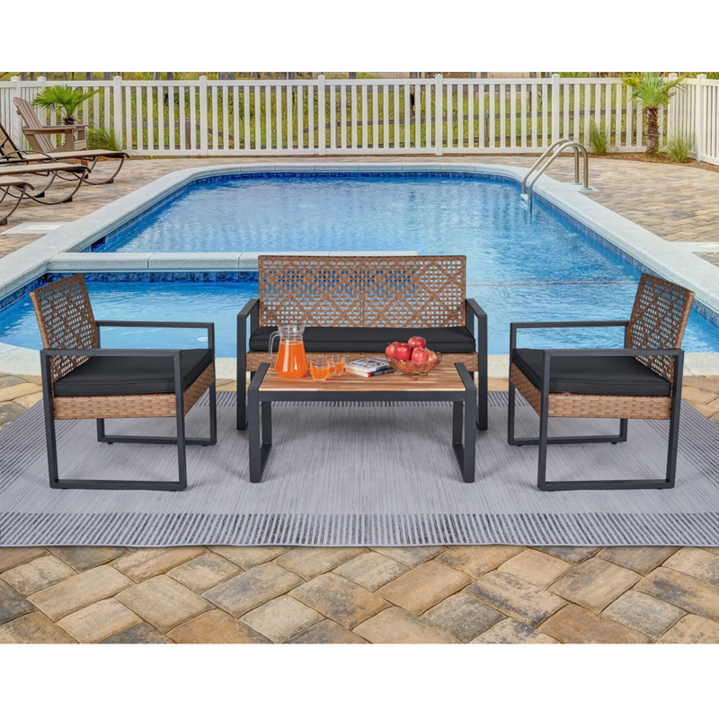 Walker Edison - 4-Piece Patio Furniture Set Outdoor Balcony Porch Garden Backyard Lawn Furniture Acacia Wood Table Top, Modern Black and Light Brown