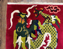 Vintage Chinese Dragon Rug 3 x 6.8, Handmade Hand Knotted Red Chinese Carpet with Gold Dragon, Art Deco Peking Soft Chinese Rug Runner