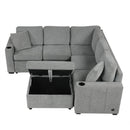 Multi-Functional Sectional Sofa Convertible Pull-out Bed with Storage Ottoman, USB Ports, Cup Holders, Chenille, Gray, 84.7'