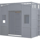 Twin Size House Loft Bed With Ladder and Wardrobe-Grey