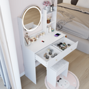 17' Round LED Mirror Vanity Table+Cushioned Stool, Equipped With 2 AC+2 USB Power Socket, Big Mirror, Touch Switch, 3 Colors, Adjustable Brightness, Large Desktop, Multi-layer High Capacity Storage