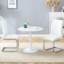 Table and chair set.Hourglass-Shaped Stable Small Round Table -31.9' * 31.9' With 2 Soft and Comfortable White PU Chair With Arched Metal Silver Leg.Create Your Exclusive Low-Key Luxury Space.