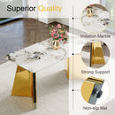 Table and chair set.63'x31.5x30' Luxurious Pandora patterned Sintered Stone Tabletop with Golden Stainless Steel Butterfly Legs.Paried With 4 Black High-quality PU Chairs With Arched Metal Legs.