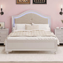Modern Full Size Wood Bed with Hidden LED Light Upholstered Curved Headboard, No Box Spring Needed, Cream Grey