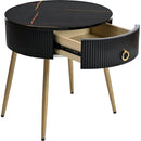 19.6" Easy Assembly End Tables with High Gloss Faux Marble Tabletops, Set of 2, Modern Fluted 2 Side Tables with Drawers, Round Coffee Tables with Golden Legs for Living Room, Black