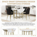 TOPMAX Space-Saving 5-Piece Extendable Kitchen Dining Table Set for Small Spaces - Round Faux Marble Top with Golden Frame, 4 Upholstered Chairs, Compact Foldable Design,White+Black