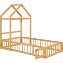 Wooden Floor Bed with Fence Railings and Detachable House Shape Headboard, Twin Size Bed with Kids Dress Up Rack, Kids Montessori Style Playhouse Frame for Girls Boys, Natural