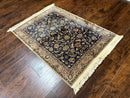 Vintage Art Silk Rug 3x4, Traditional Oriental Persian Design Rug, Belgium Power Loomed Rug, Navy Blue