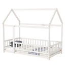 Twin Size House Floor Wooden Bed with Roof Frame,Safety Guardrails,White