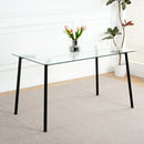 Modern simple table with a glass square table and four chairs.  Transparent tempered glass countertop, black metal legs, suitable for kitchen living room dining room (set of 5)
