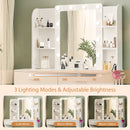 Vanity Desk Set with Mirror & Adjustable Lights, Power Outlet and Hair Dryer Rack, 2 Drawers and 6 Shelves, Includes Cushioned Stool, White MDF