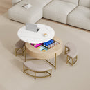 Modern Round Lift-Top Coffee Table with Storage & 3 Ottoman White & Natural