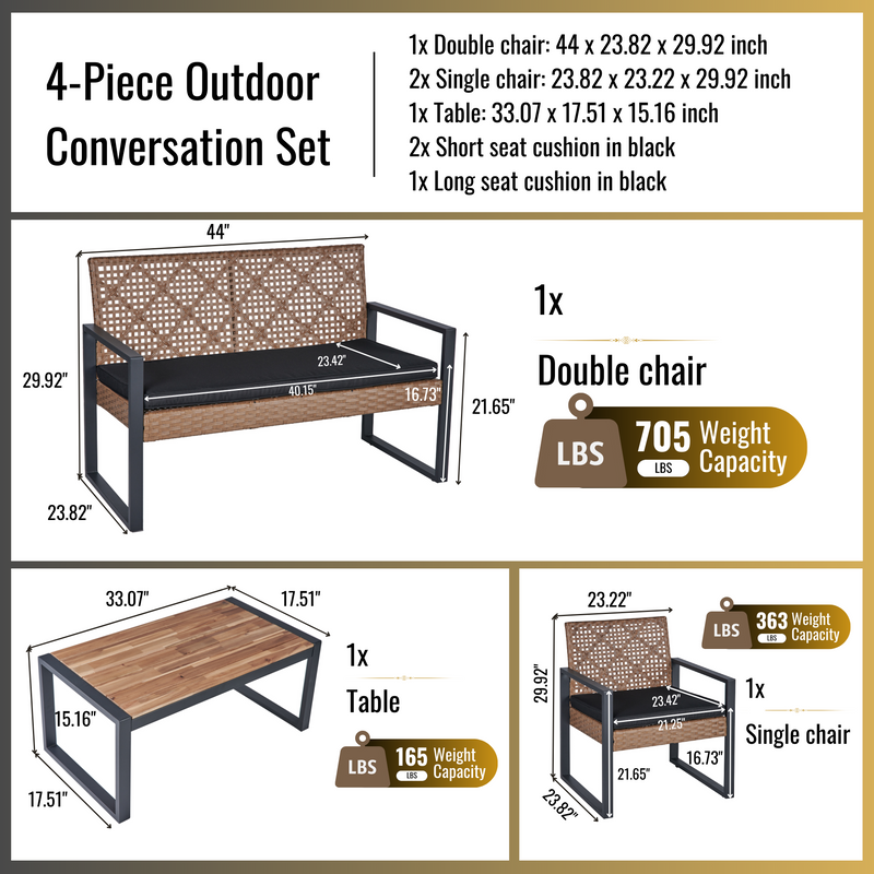 Walker Edison - 4-Piece Patio Furniture Set Outdoor Balcony Porch Garden Backyard Lawn Furniture Acacia Wood Table Top, Modern Black and Light Brown