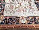 Chinese Aubusson Savonnerie Area Rug 6x8, Vintage Hand-Woven Needlepoint Rug, Flat Weave Handmade Wool Carpet Living Room Ivory & Navy Blue