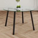 Modern simple table with a glass round table and four chairs. Transparent tempered glass countertop, black metal legs, suitable for kitchen living room dining room (set of 5)