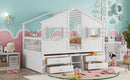 Full Size House Loft Bed with Roof, Windows,4 Storage Drawers,Pine Wooden Bed with Safety Guardrails,Ladder,White