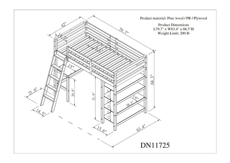 Twin Loft Bed with desk, ladder, shelves, White