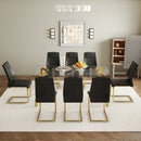Table and chair set.71 * 35.4 inch rectangular dining table.Tempered Glass Tabletop,Golden 7-shaped Metal Table Legs.Paried With 8 Black High-quality PU Chairs With Arched Metal Legs.W1151S03301