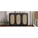 TREXM Retro 3-Door Sideboard with Large Storage Space Artificial Rattan Doors and Metal Handles, Accent Cabinet for Living Room and Hallway (Antique Black)