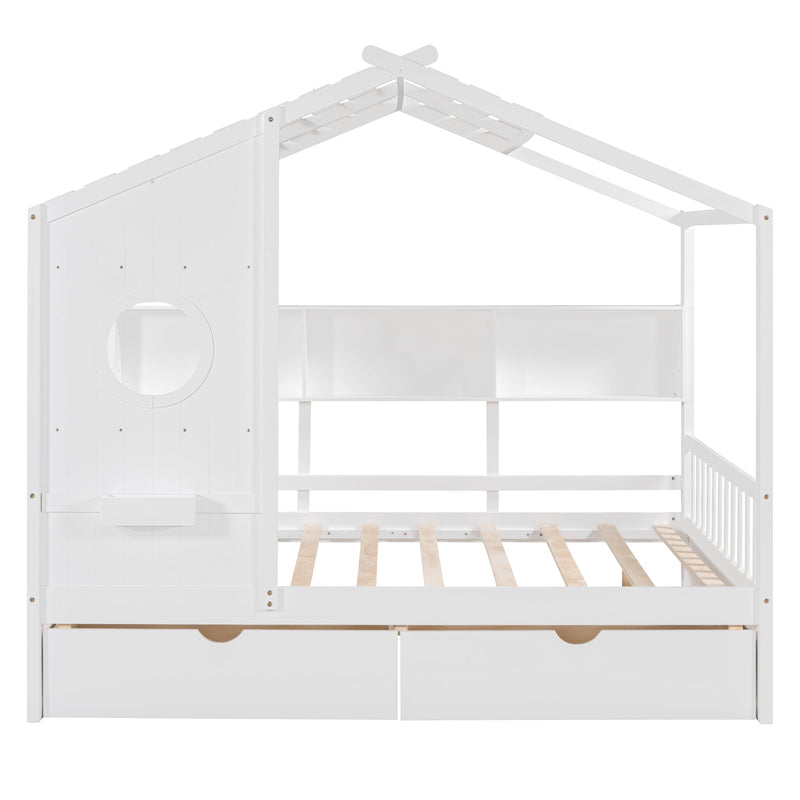 Wooden Full Size House Bed with 2 Drawers,Kids Bed with Storage Shelf, White