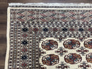 Pakistani Bokhara Rug 8x10, Traditional Turkoman Tribal Carpet, Allover Repeated Elephant Foot Motif, Ivory/Cream Black Red, Vintage Handmade