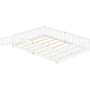 Queen Size Bed Floor Bed with Safety Guardrails and Door for Kids, White