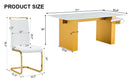 Table and chair set.Large modern rectangular table with 0.4 inch patterned glass tabletop and large MDF table legs.Comes with 8 chairs with faux leather cushioned seats and golden metal legs.