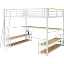 Full Size Metal Loft Bed with Desk, Storage Shelves and Charging Station, White