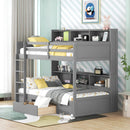 Grey Wood Twin Over Twin Bunk Bed With Storage Shelves And Drawer