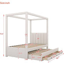 Twin Size Upholstery Canopy Platform Bed with Trundle and Three Storage Drawers, Beige