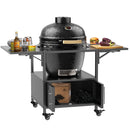 Outdoor Grill Table for Big Green Egg Style BBQ, Metal Grill Cart with 2 Folding Panels, Black Metal, 59.3 x 27.6 x 31 Inches
