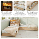 L-Shaped Combination Twin Bed with Trundle and Drawer,3-in-1 Low Corner Platform Bed Linked with Built-in Desk and Led Downlight, Natural