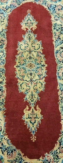 Small Persian Kirman Rug 2x4, Wool Oriental Vintage Handmade Carpet, Hand Knotted Floral Medallion, Red & Beige, Semi Open Field