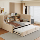 Twin Size Upholstered Daybed with Trundle, Storage Shelves, USB & Outlet (Beige)