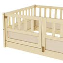 Twin Size Floor bed, integral construction with super high security barrier, door, children's floor bed frame, Montessori wooden children's floor bed,Natural Wood