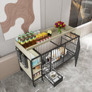 Large pet cage with storage rack, drawers with stainless steel food and water basin, made of iron frame and MDF material, sturdy, exquisite, and practical (black+beige)